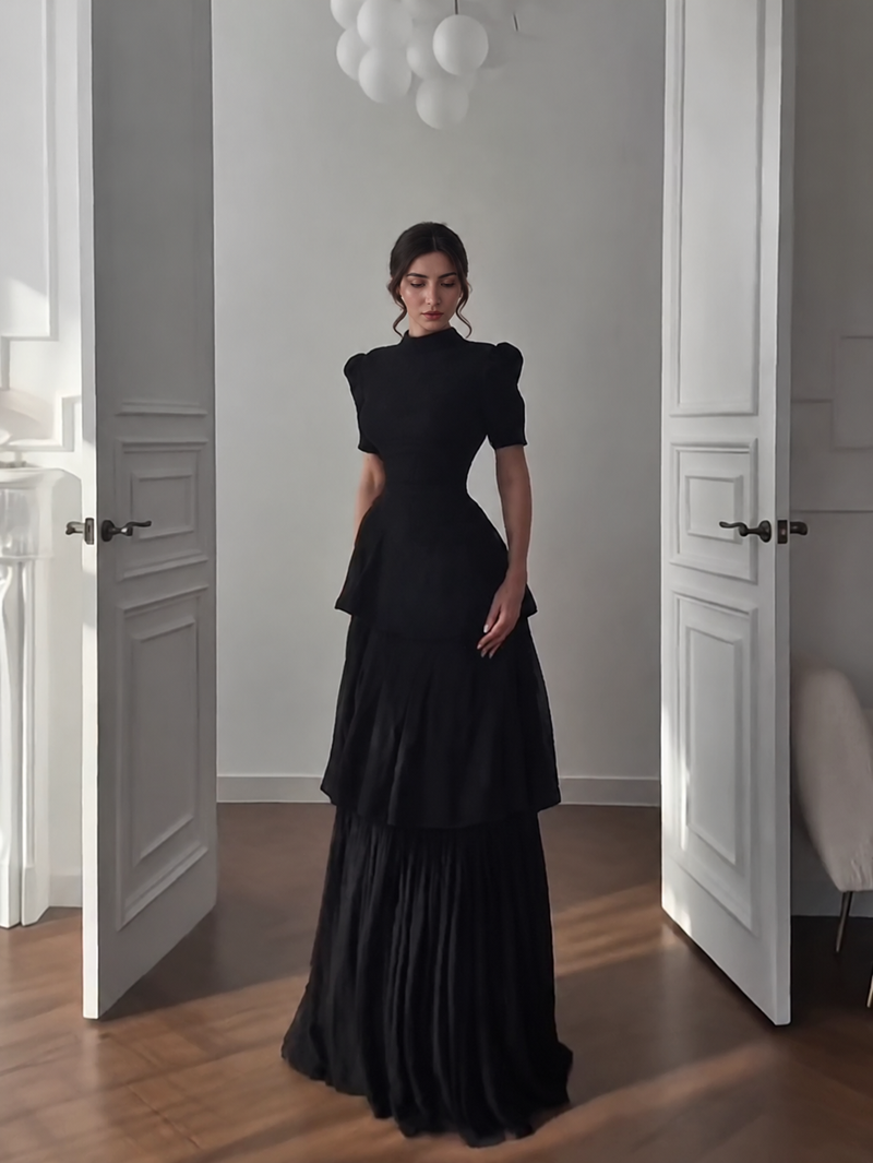 Black Tiered Evening Maxi Dress - Black