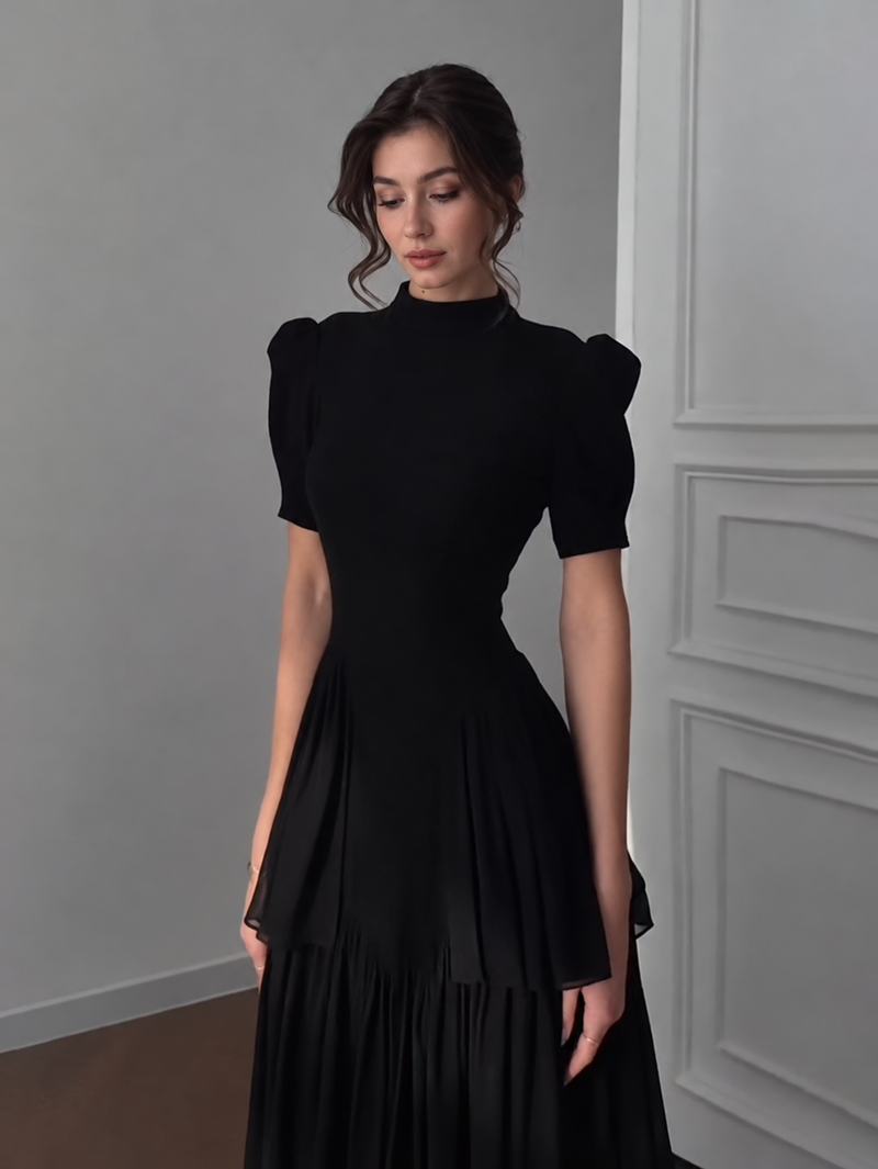 Black Tiered Evening Maxi Dress - Black
