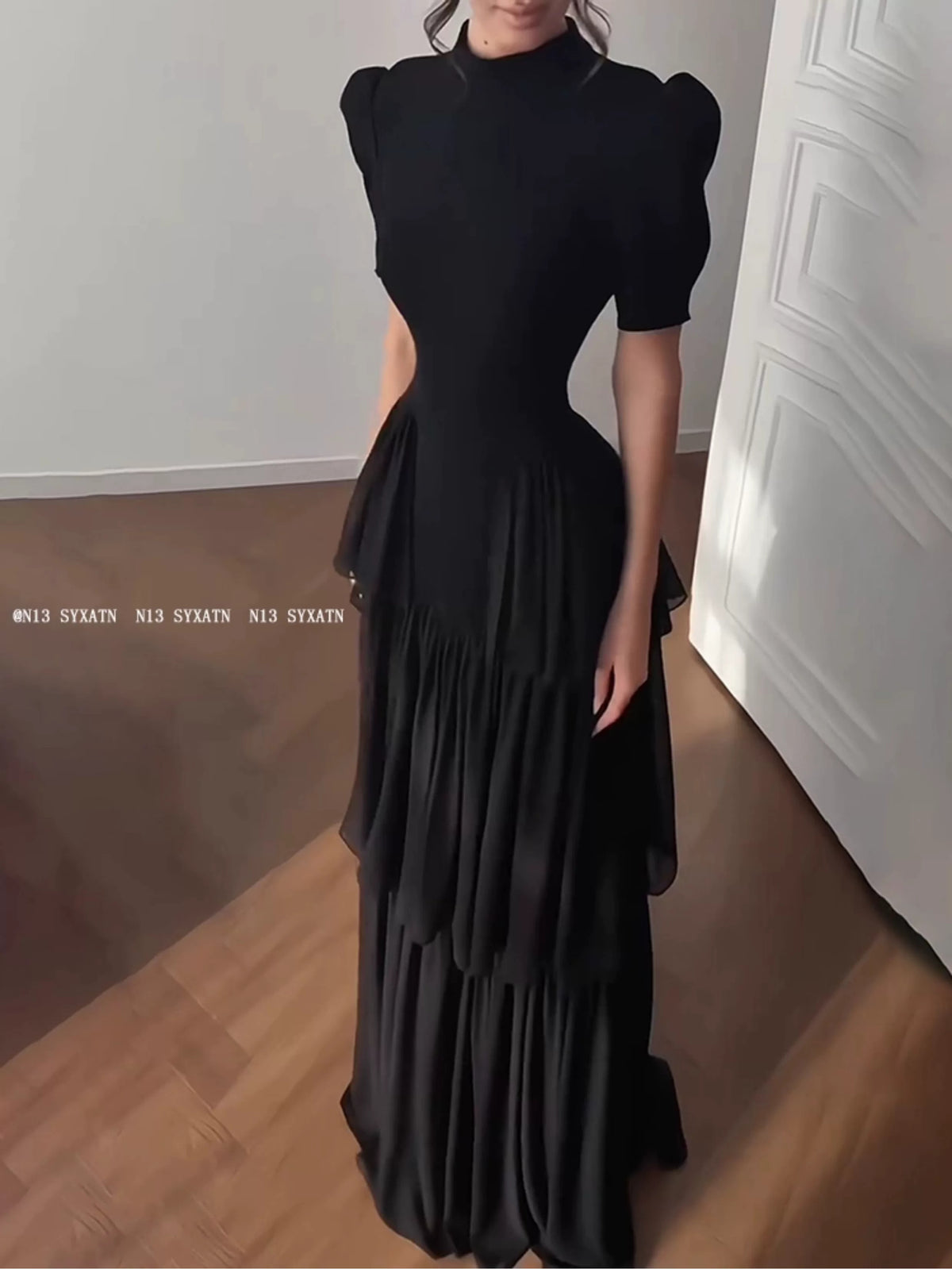 Black Tiered Evening Maxi Dress - garment detail