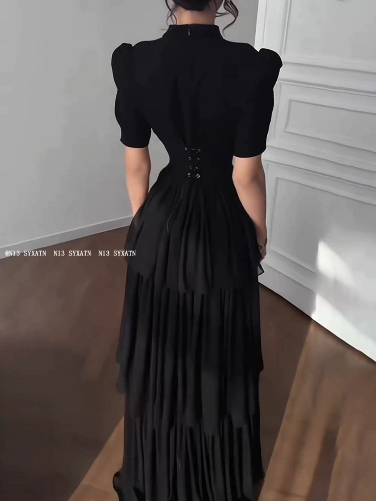 Black Tiered Evening Maxi Dress - garment detail