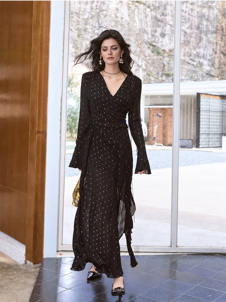 Black Polka-Dot Long-Sleeve Evening Maxi Dress