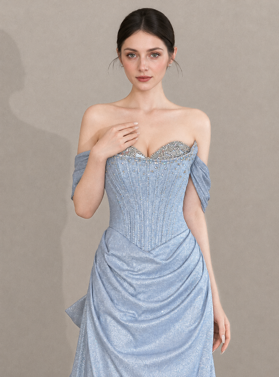 Blue Off-Shoulder Ruched Mermaid Prom Dress
