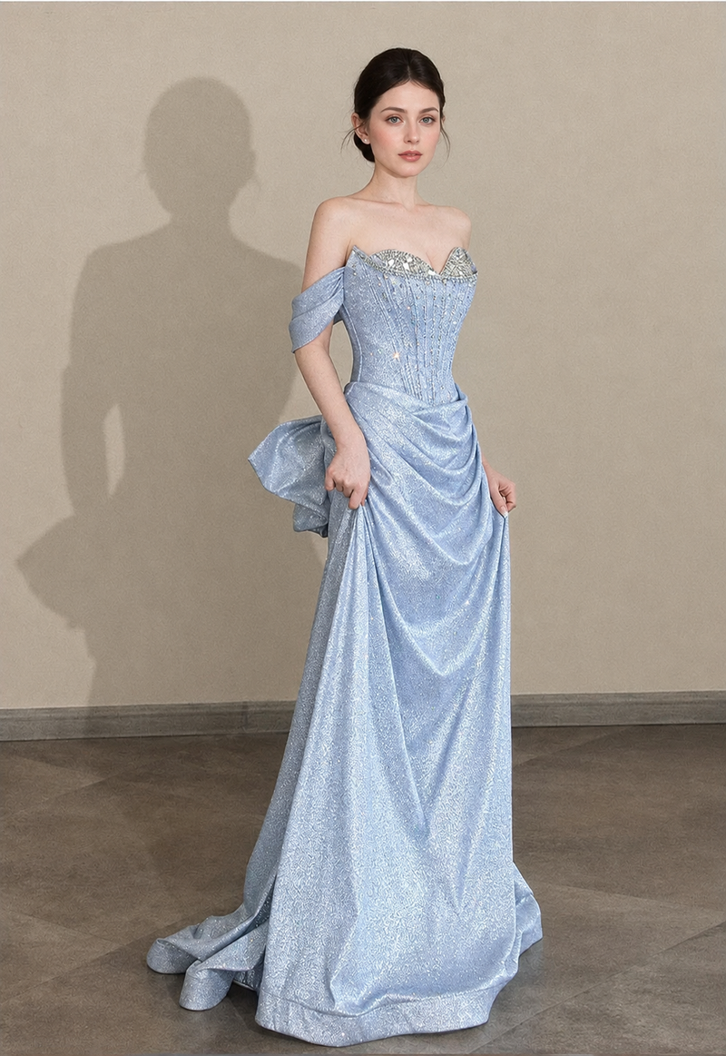 Blue Off-Shoulder Ruched Mermaid Prom Dress - Blue