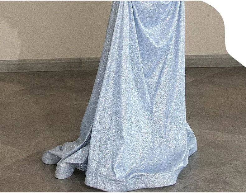 Blue Off-Shoulder Ruched Mermaid Prom Dress - garment detail