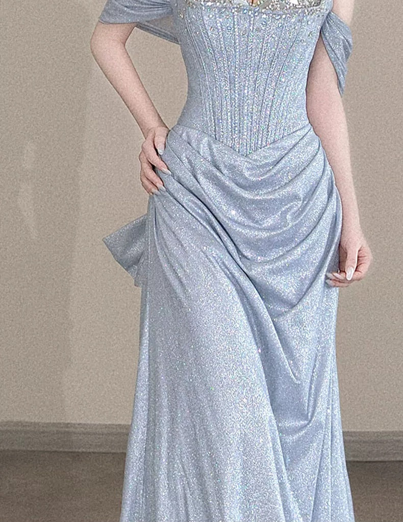 Blue Off-Shoulder Ruched Mermaid Prom Dress - garment detail