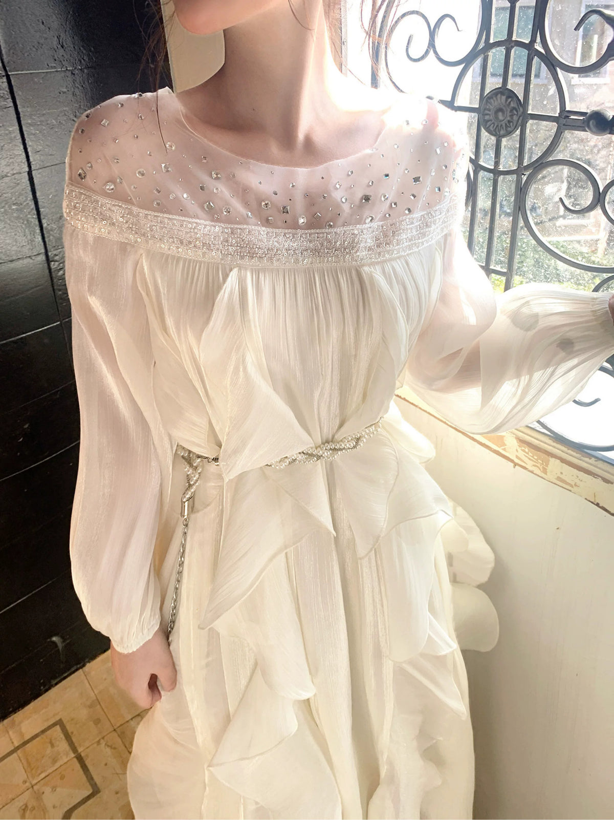 Embellished Off-Shoulder Ruffle Maxi Dress - garment detail