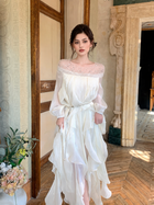 Embellished Off-Shoulder Ruffle Maxi Dress - Light Apricot