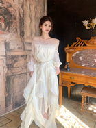 Embellished Off-Shoulder Ruffle Maxi Dress - Light Apricot