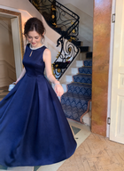 Navy Satin Keyhole-Neck Evening Midi Dress - Blue