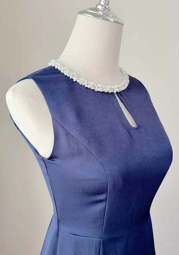 Navy Satin Keyhole-Neck Evening Midi Dress - garment detail