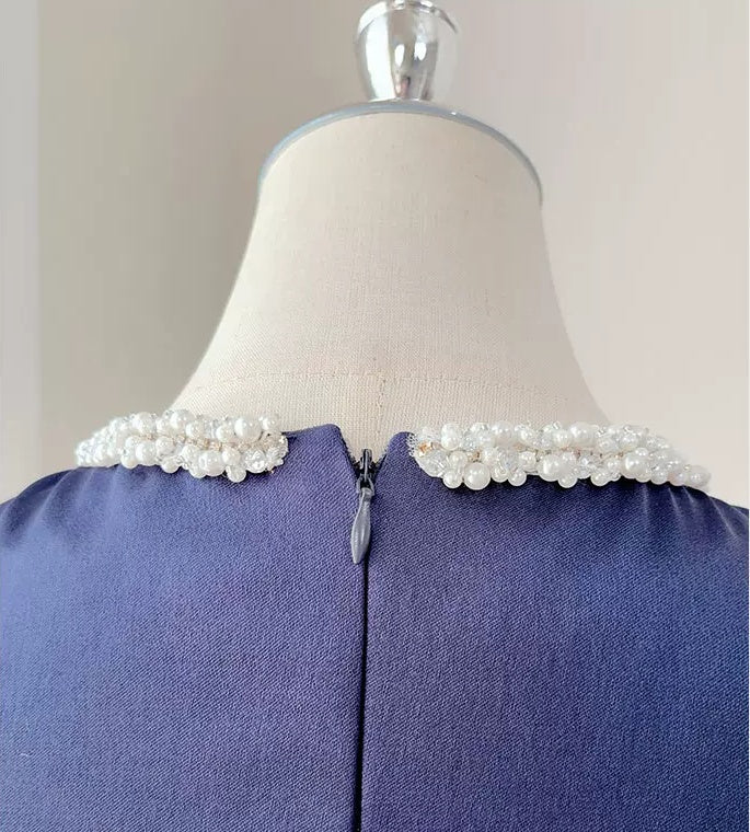 Navy Satin Keyhole-Neck Evening Midi Dress - garment detail