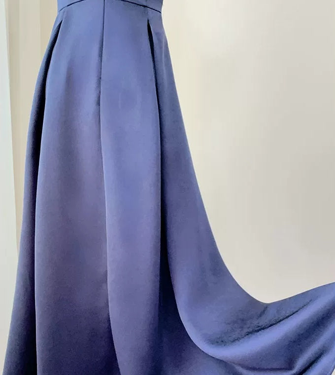 Navy Satin Keyhole-Neck Evening Midi Dress - garment detail