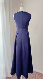 Navy Satin Keyhole-Neck Evening Midi Dress - garment detail