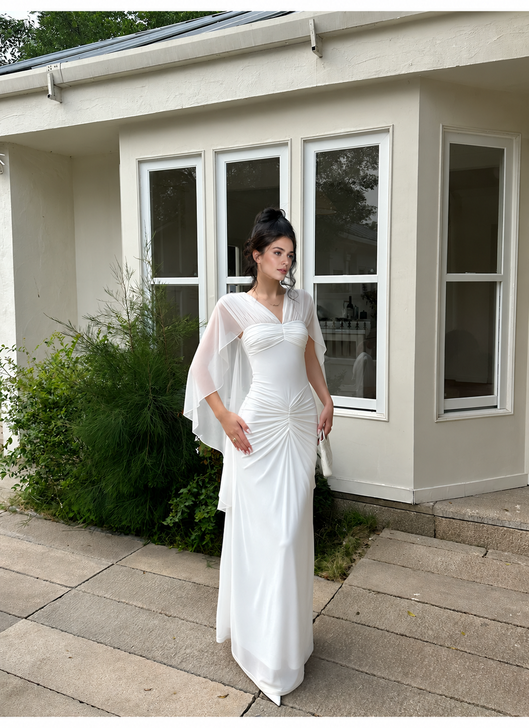 Ivory Ruched Mesh Cape Maxi Dress - Ivory