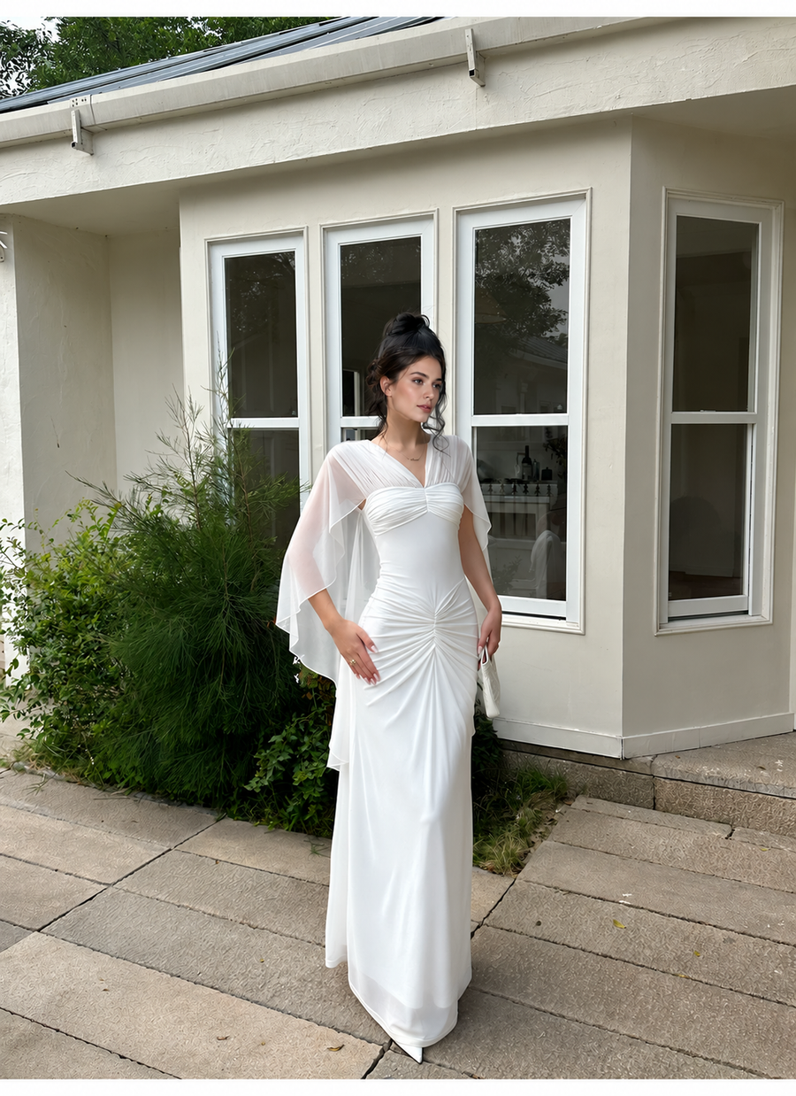 Ivory Ruched Mesh Cape Maxi Dress