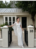 Ivory Ruched Mesh Cape Maxi Dress - Ivory