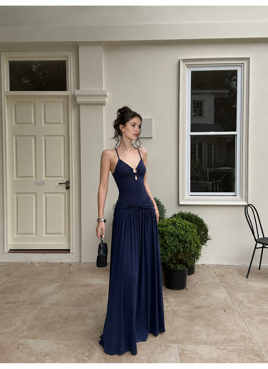 Navy Ring Front Ruched Drop Waist Maxi Dress - Navy