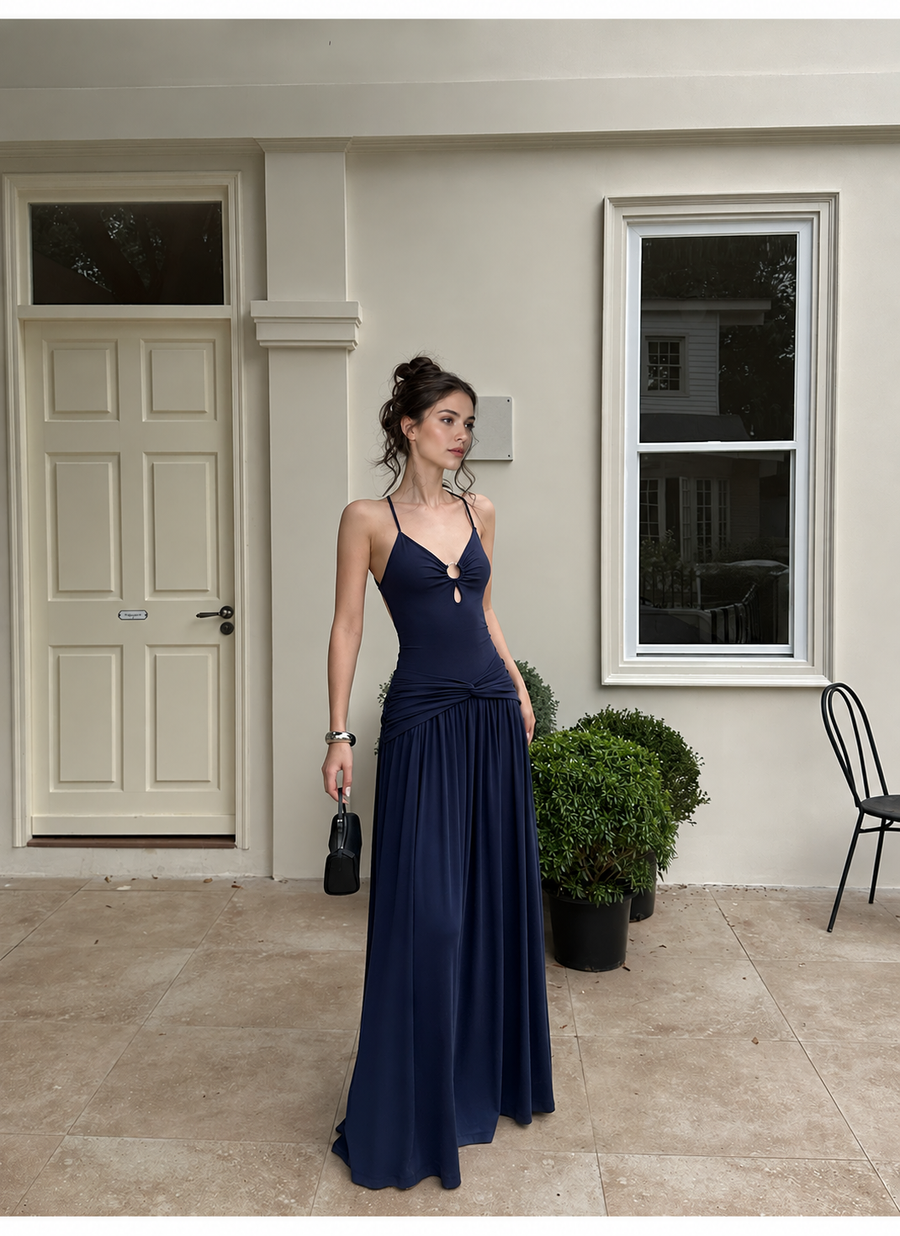 Navy Ring Front Ruched Drop Waist Maxi Dress