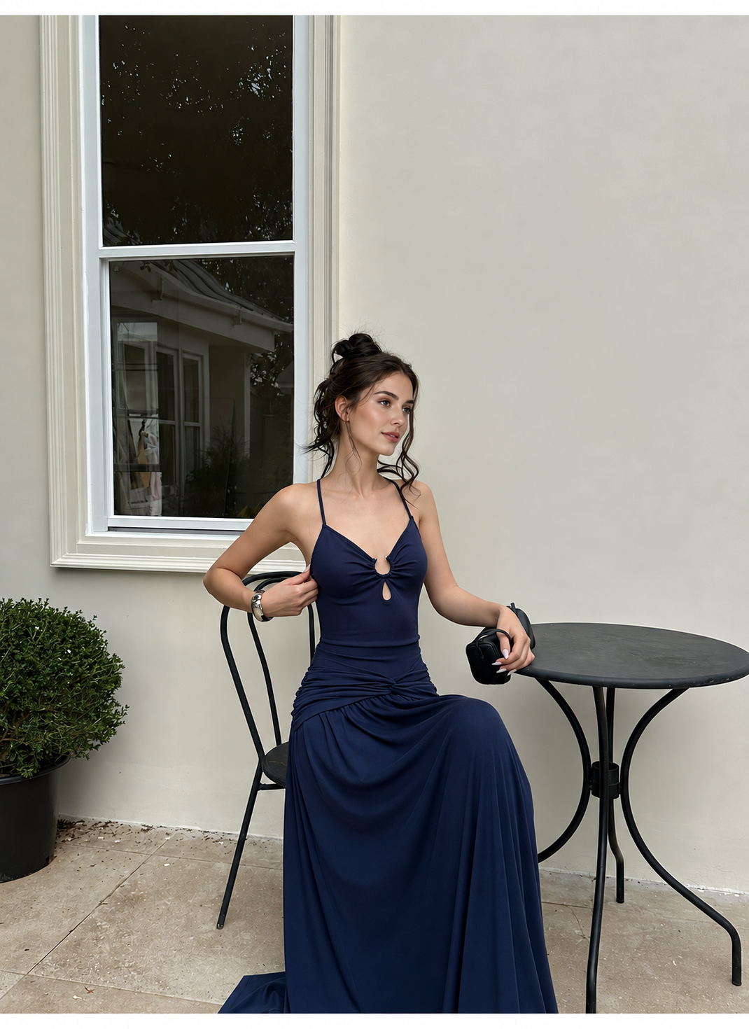 Navy Ring Front Ruched Drop Waist Maxi Dress - Navy