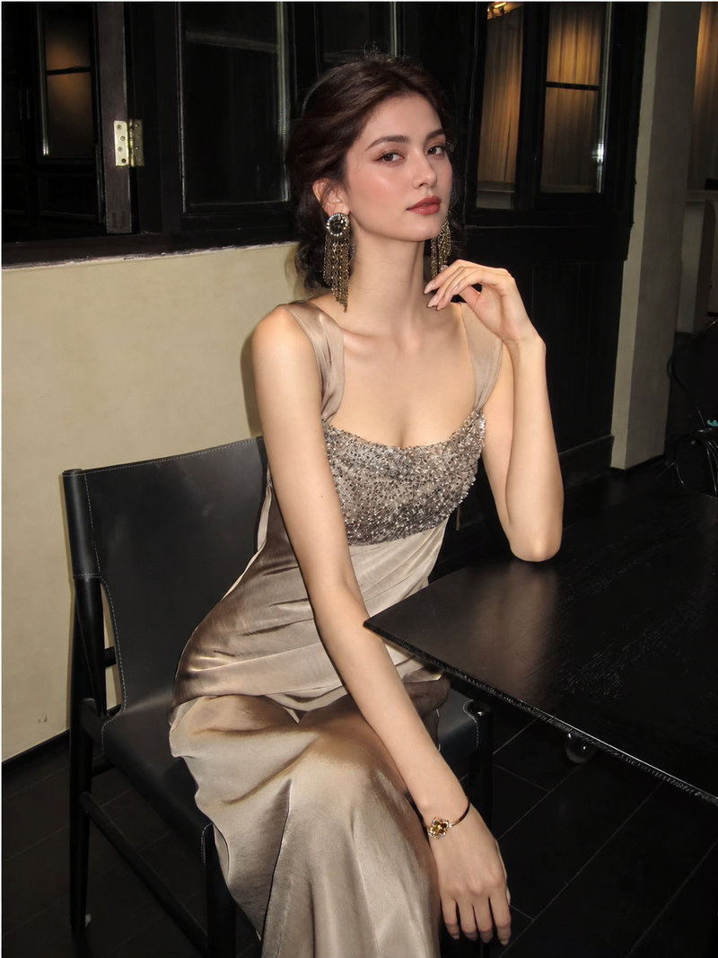 Beaded-Strap Satin Mermaid Maxi Dress - Champagne Gold