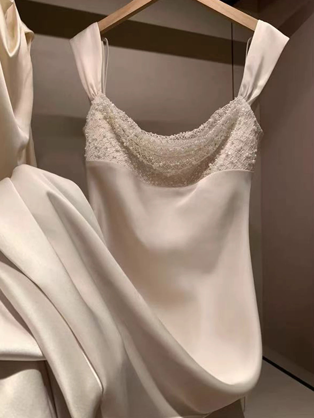Beaded-Strap Satin Mermaid Maxi Dress - garment detail