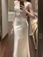 Beaded-Strap Satin Mermaid Maxi Dress - garment detail