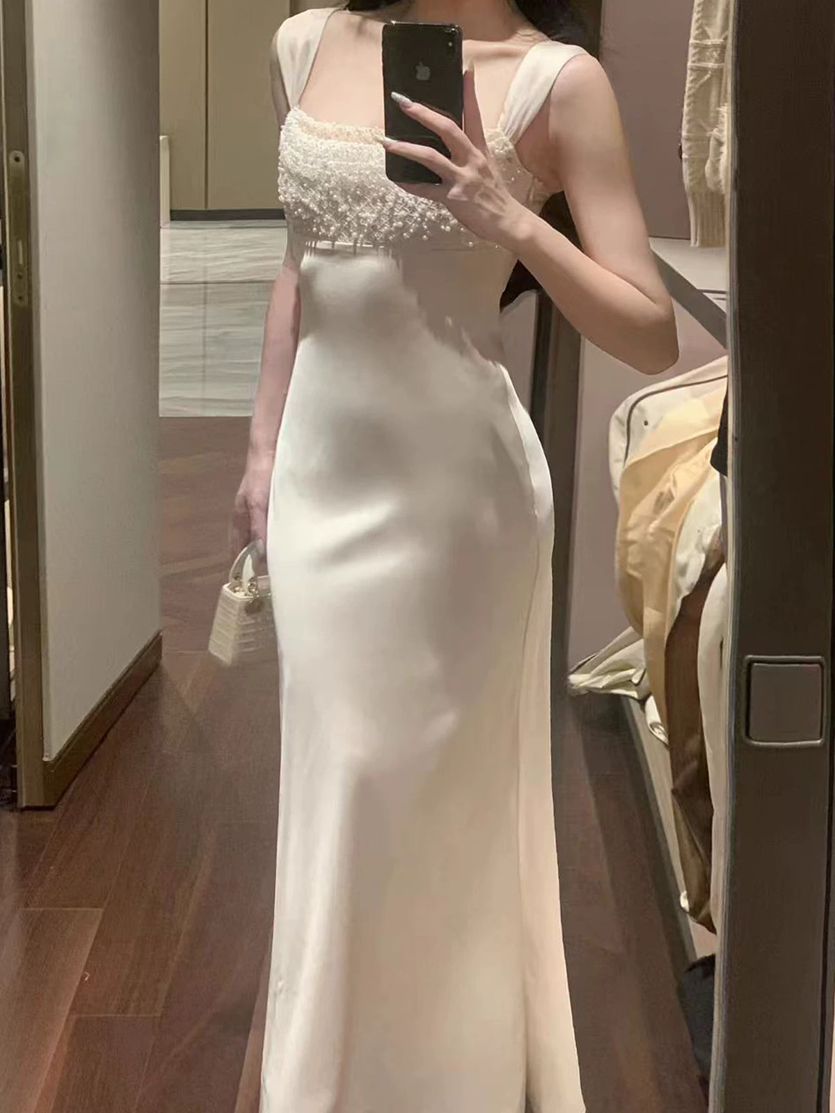 Beaded-Strap Satin Mermaid Maxi Dress - garment detail