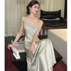 Beaded-Strap Satin Mermaid Maxi Dress - Grey Green