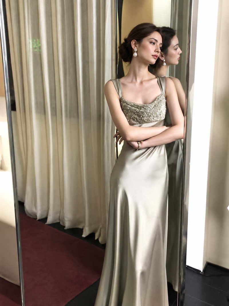 Beaded-Strap Satin Mermaid Maxi Dress - Grey Green