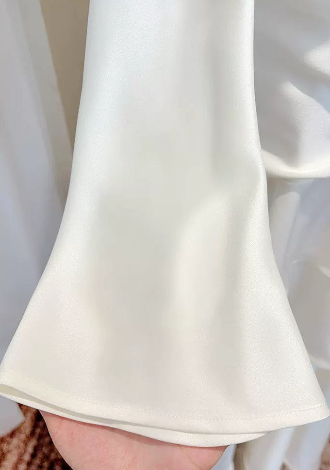 Ivory Square-Neck Ruffle Long-Sleeve Party Dress - garment detail