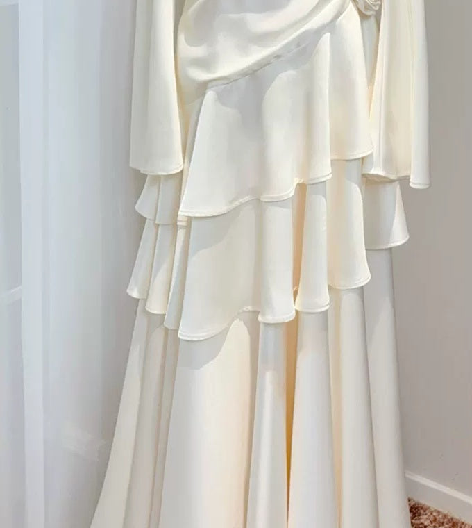 Ivory Square-Neck Ruffle Long-Sleeve Party Dress - garment detail