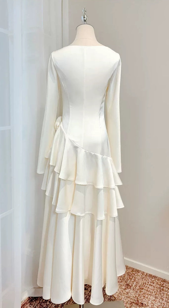 Ivory Square-Neck Ruffle Long-Sleeve Party Dress - garment detail