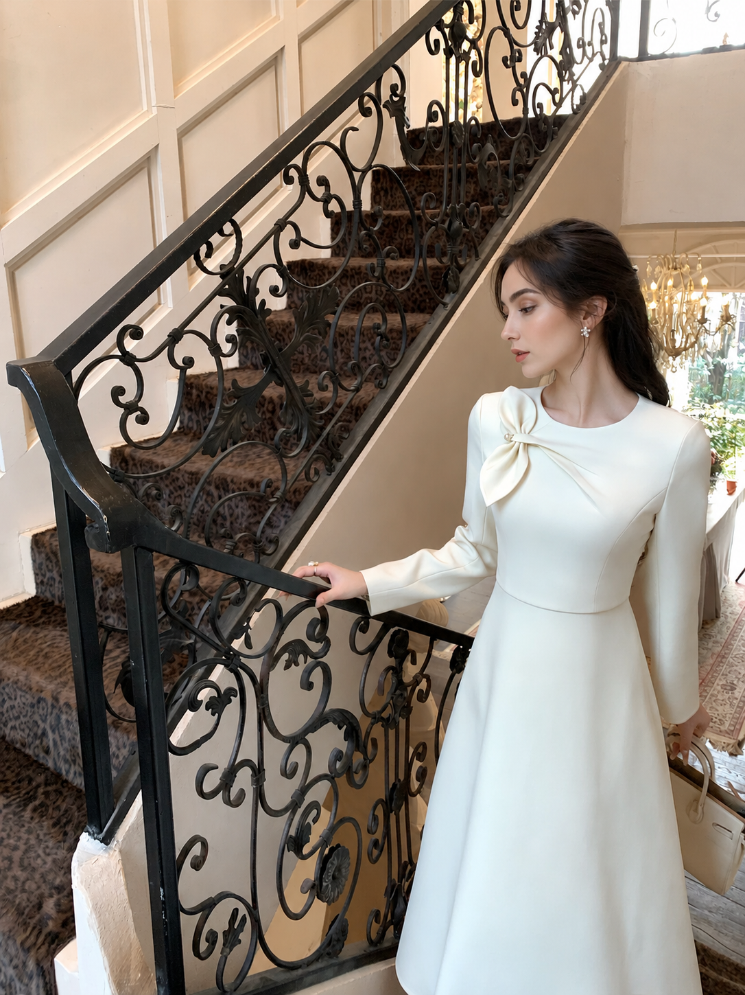 Bow-Shoulder Long-Sleeve A-Line Midi Dress - Apricot