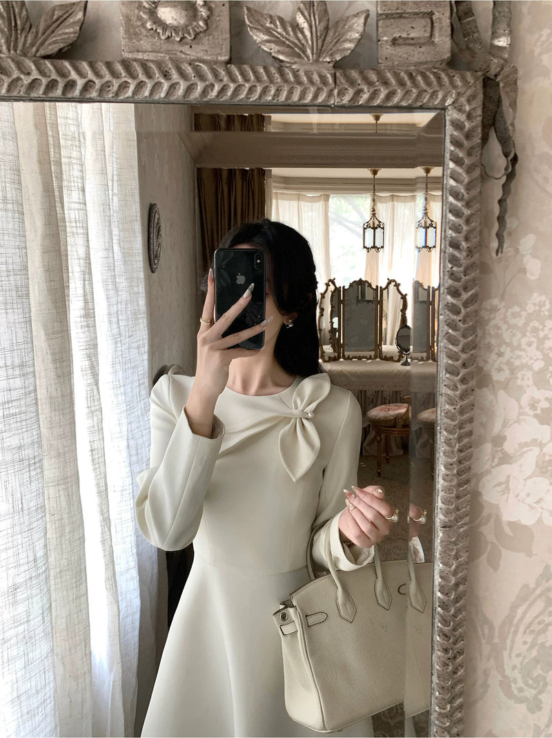 Bow-Shoulder Long-Sleeve A-Line Midi Dress - garment detail