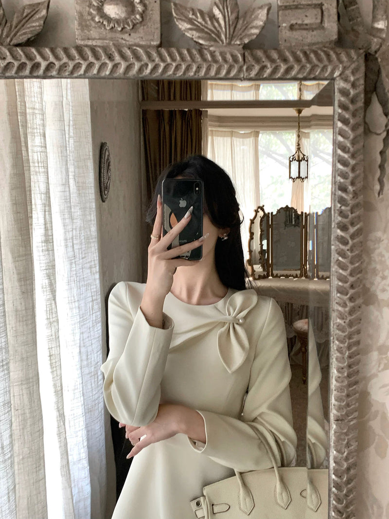 Bow-Shoulder Long-Sleeve A-Line Midi Dress - garment detail