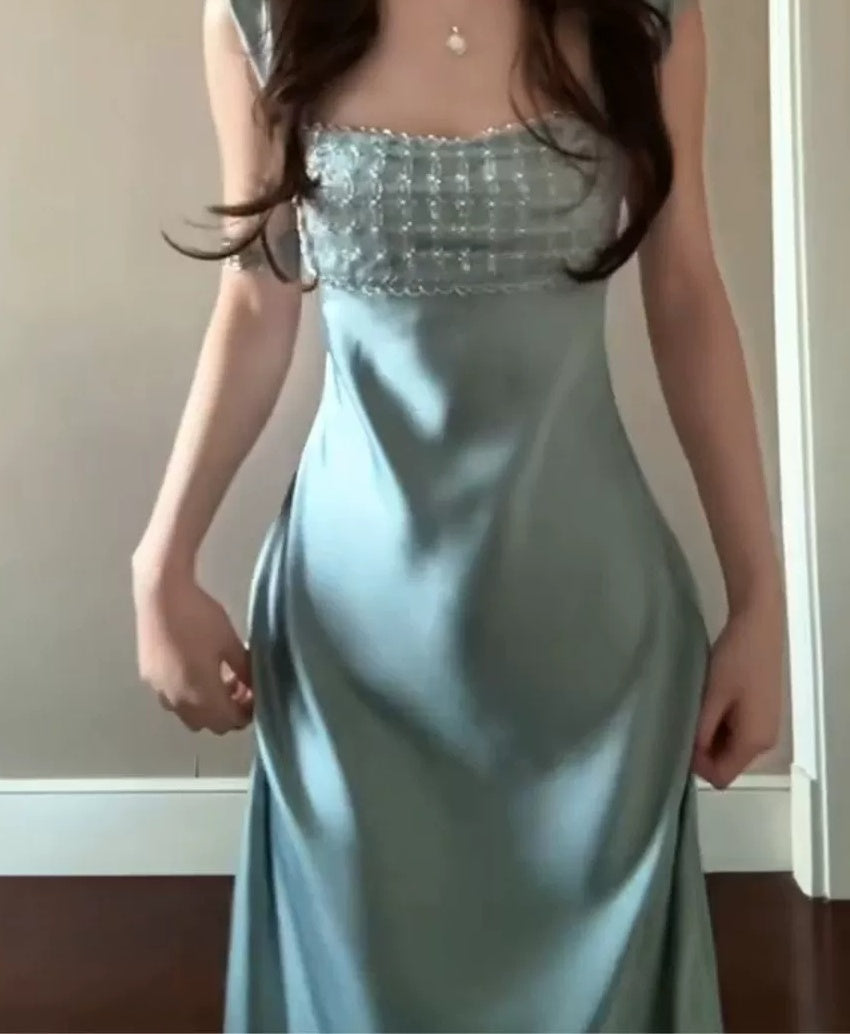 Sage Sequin-Bodice Satin Evening Dress - garment detail