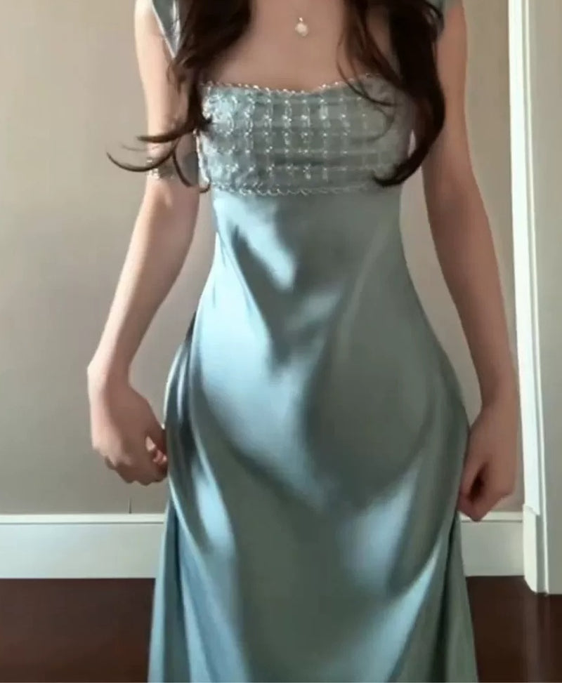 Sage Sequin-Bodice Satin Evening Dress - garment detail
