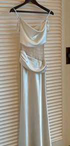 Pearl Grey Lace-Trim Cowl-Neck Evening Dress - garment detail