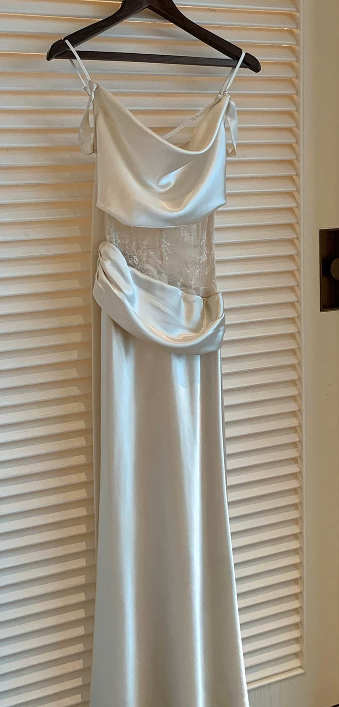 Pearl Grey Lace-Trim Cowl-Neck Evening Dress - garment detail