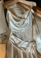 Pearl Grey Lace-Trim Cowl-Neck Evening Dress - garment detail