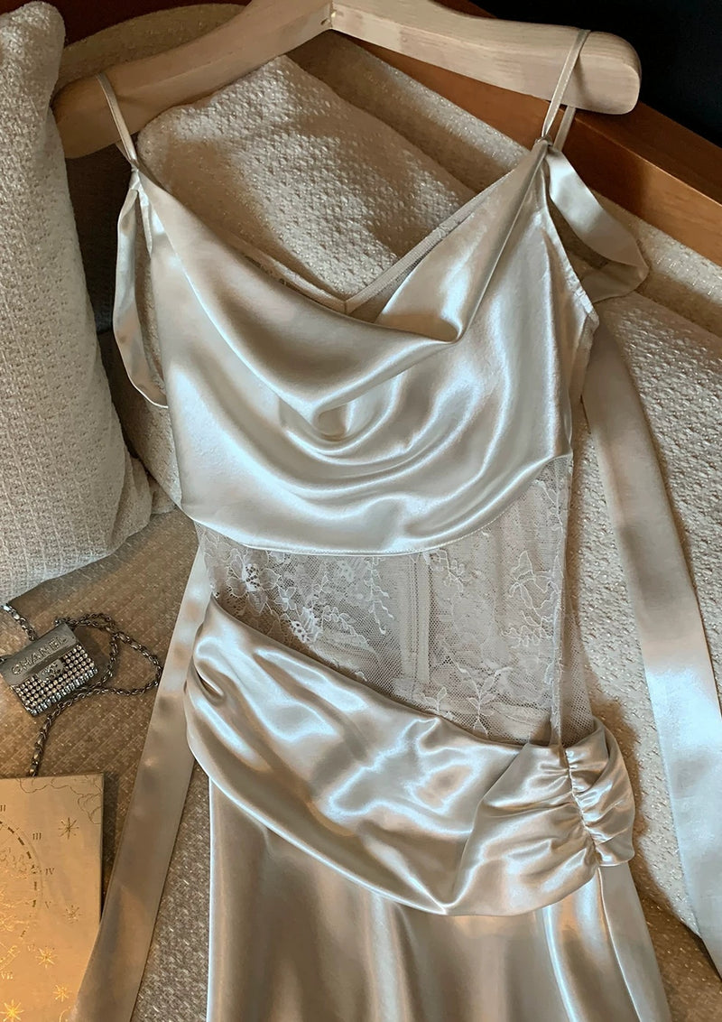 Pearl Grey Lace-Trim Cowl-Neck Evening Dress - garment detail
