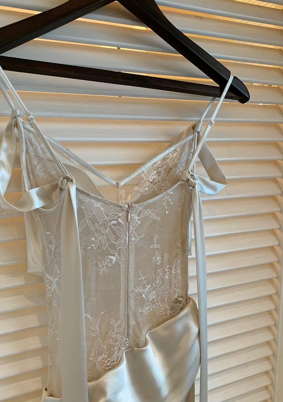 Pearl Grey Lace-Trim Cowl-Neck Evening Dress - garment detail