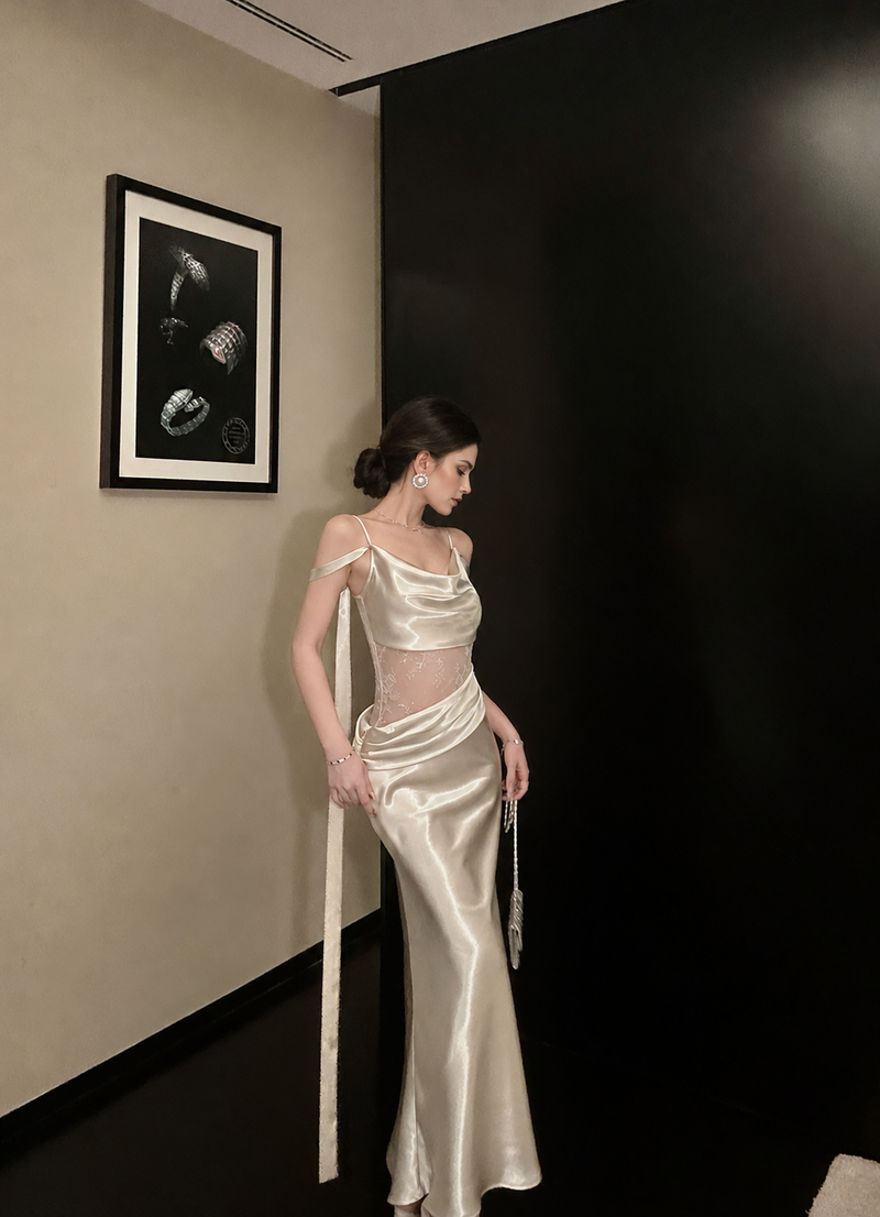 Pearl Grey Lace-Trim Cowl-Neck Evening Dress - Pearl Grey
