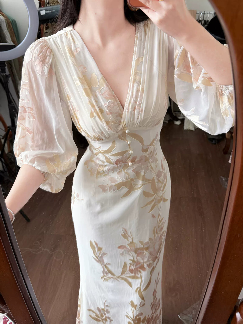 Floral V-Neck Chiffon Maxi Dress - garment detail