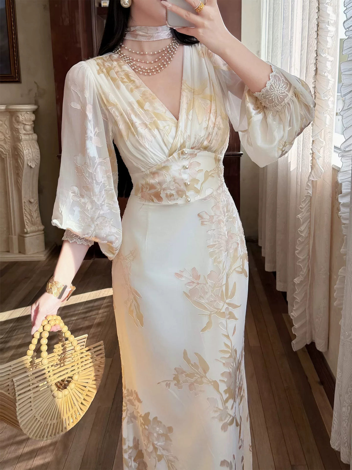 Floral V-Neck Chiffon Maxi Dress - garment detail