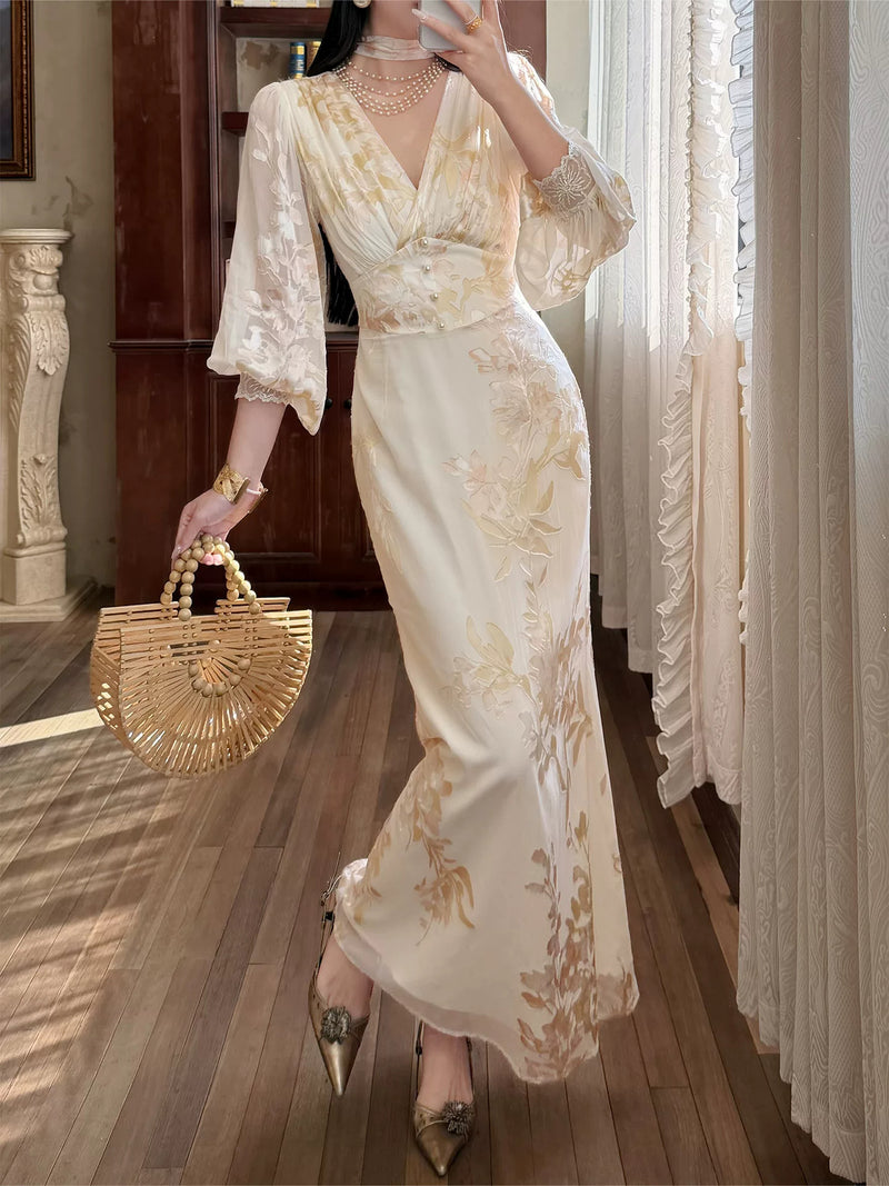 Floral V-Neck Chiffon Maxi Dress - garment detail