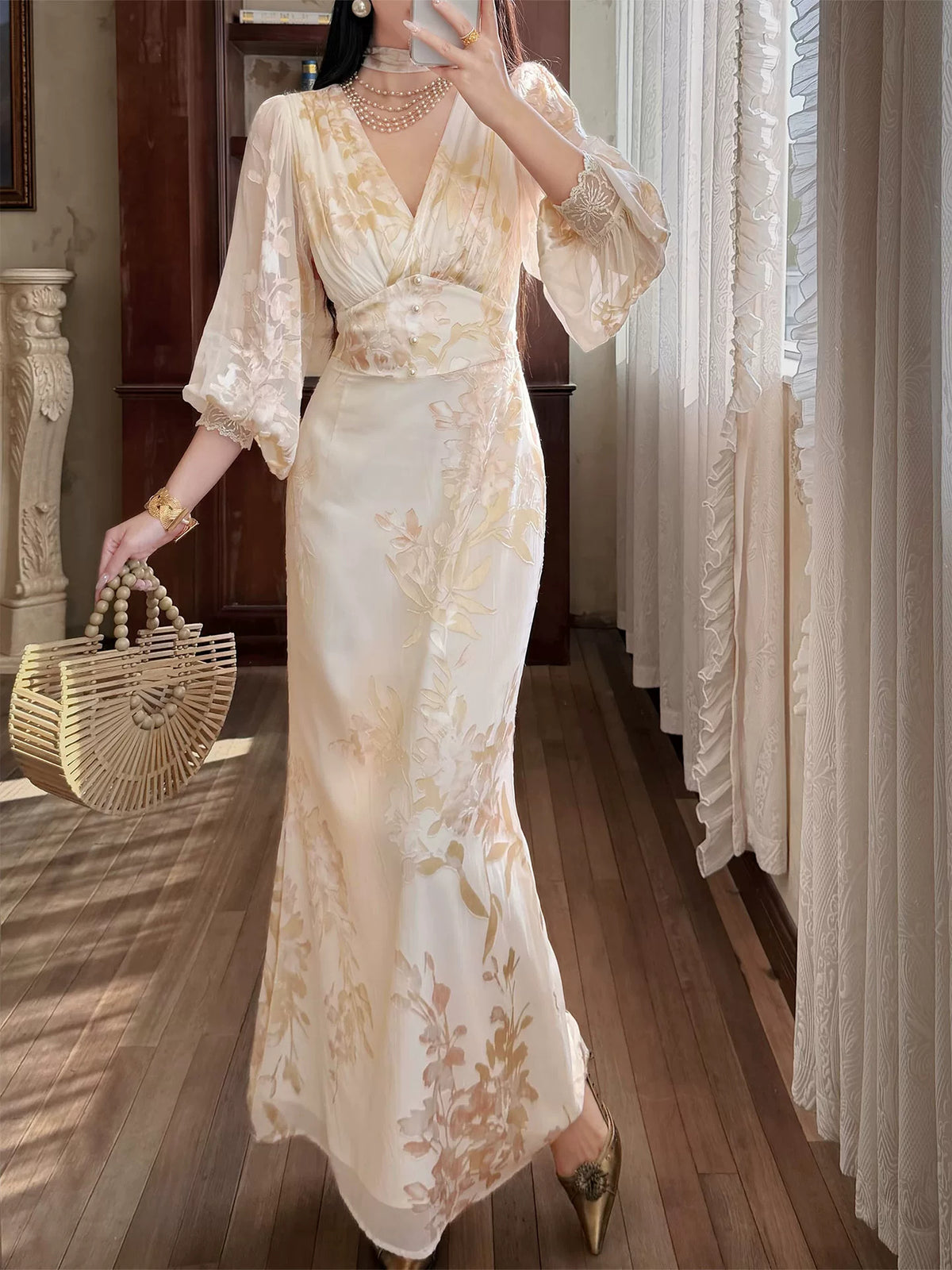 Floral V-Neck Chiffon Maxi Dress - garment detail