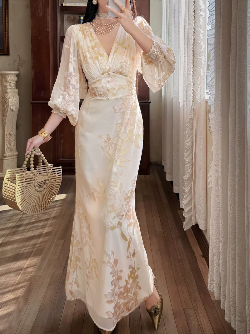 Floral V-Neck Chiffon Maxi Dress - garment detail