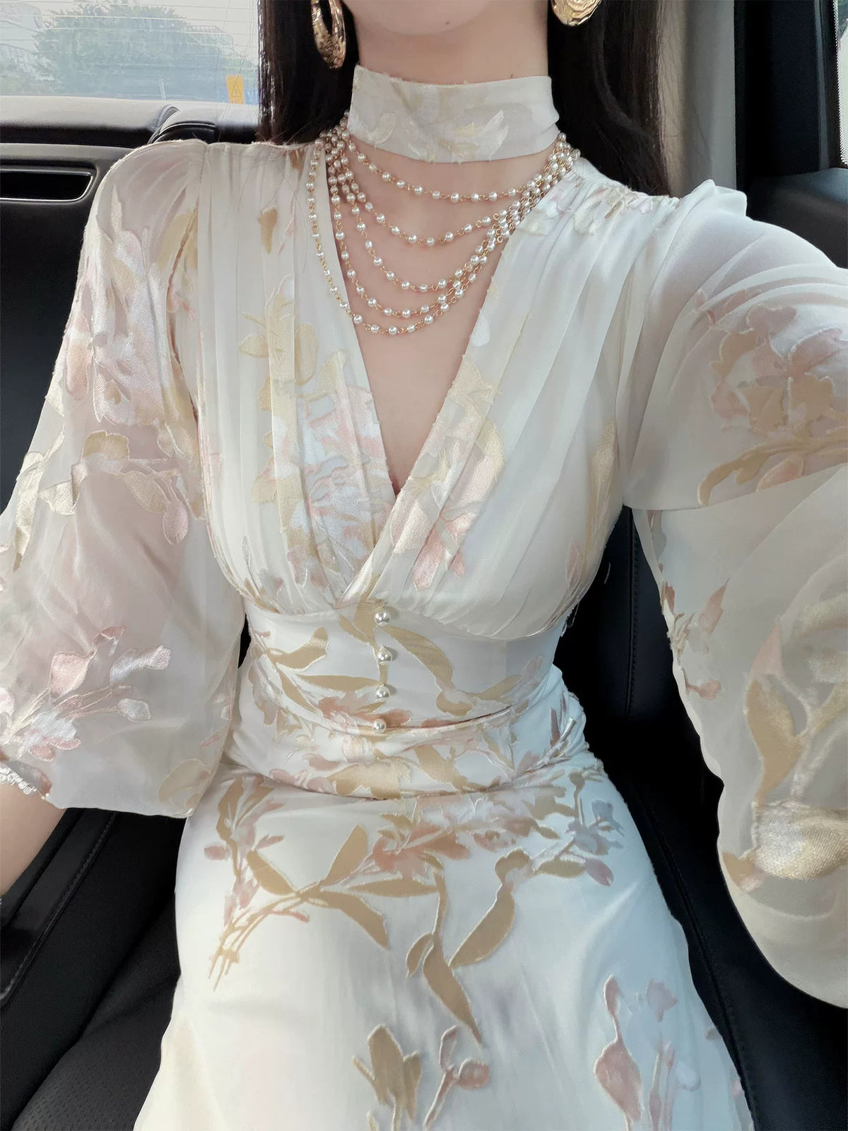 Floral V-Neck Chiffon Maxi Dress - garment detail