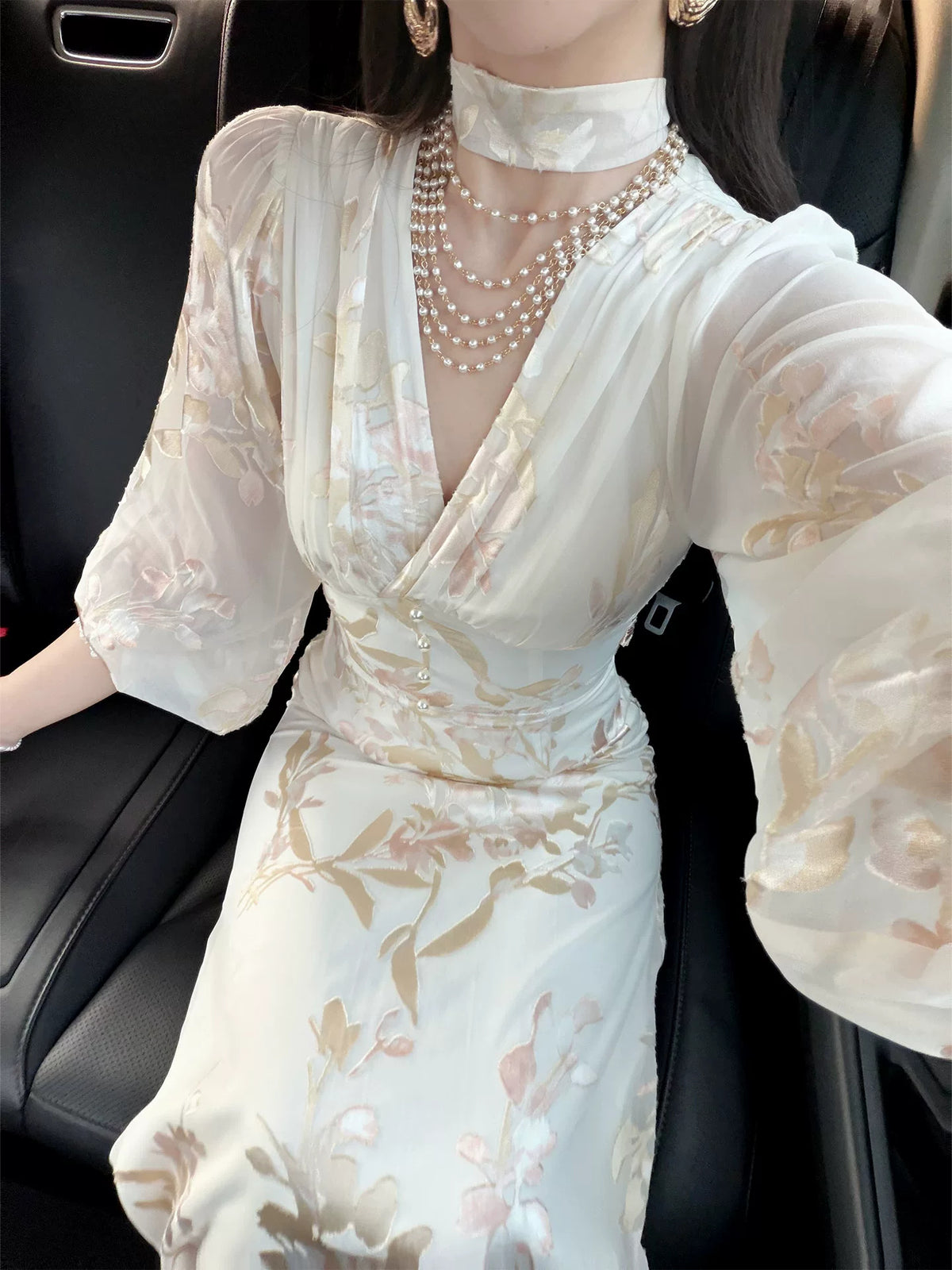 Floral V-Neck Chiffon Maxi Dress - garment detail
